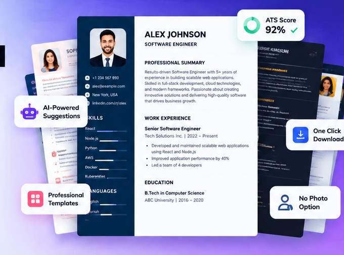 Layered resume previews with Alex Johnson, Sophia Martinez and David Kim templates, ATS score, AI suggestions, PDF download and photo options